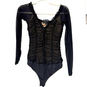 MAJORELLE sz S Black mesh Tan Lined snap thong sexy bodysuit lace up & Tie front